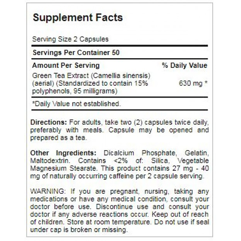 Puritan's Pride Green Tea Standardized Extract 315 mg 100 Capsules - Image 2